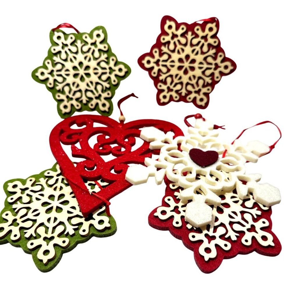 Festive Felt Foam Christmas Ornaments Set Of 6 Heart Snowflake Red Green Hanging